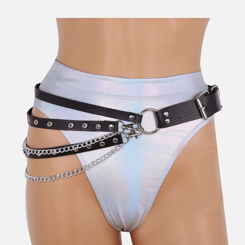 Plus Size☆ Edgy Punk Goth Black Multi-layer Chain And Stud Vegan Leather Belt - Picture 10 of 16
